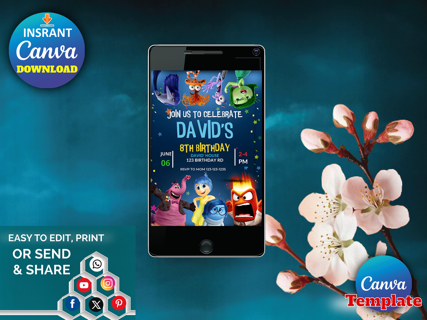 Inside Out Themed 8th Birthday Invitation Canva Template