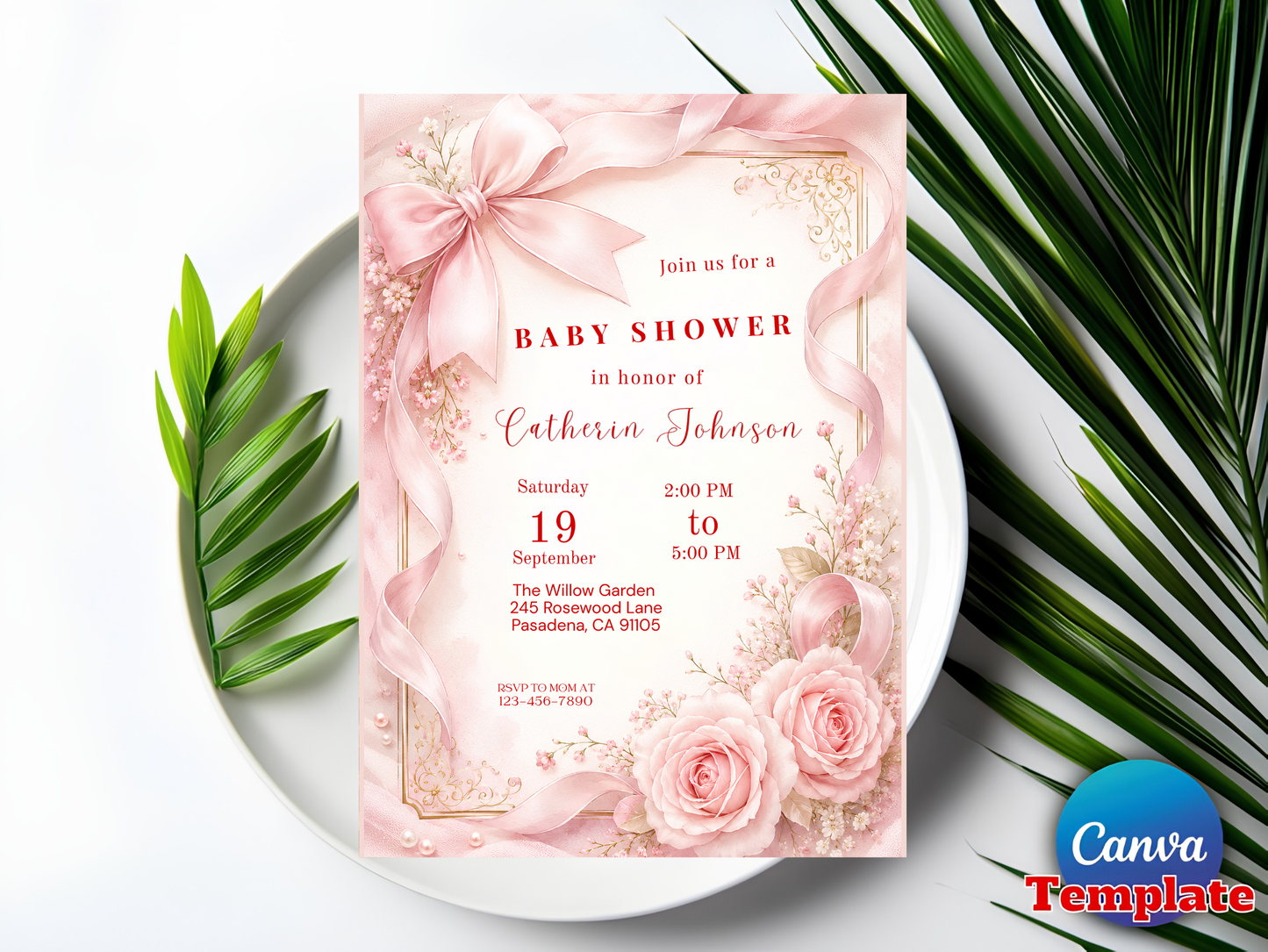 Blush Pink Bow Baby Shower Invitation Template Baby Girl Shower Canva Template Elegant Pink Coquette Baby Shower Invitation Instant Download