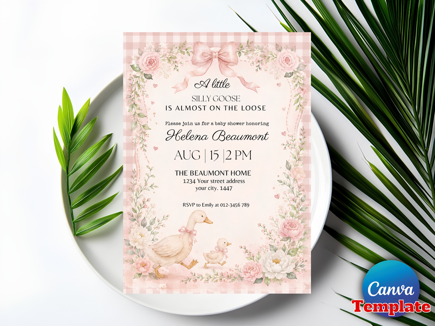 Silly Goose Baby Shower Invitation Template, Pink Gingham Girl Baby Shower Invite, Silly Goose Invite, Digital Invitation, Canva