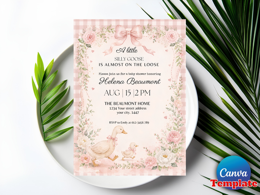 Silly Goose Baby Shower Invitation Template, Pink Gingham Girl Baby Shower Invite, Silly Goose Invite, Digital Invitation, Canva