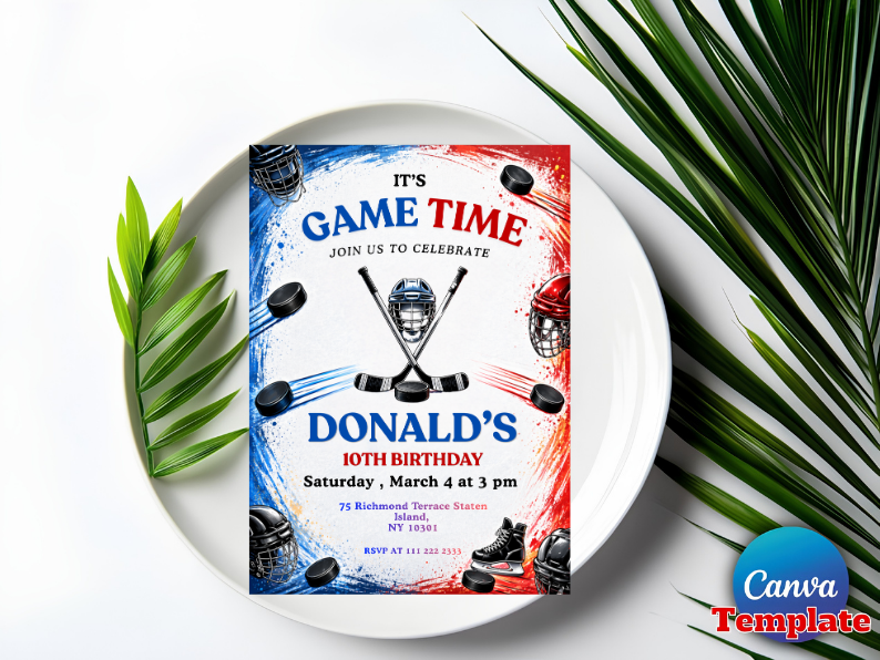 Ice Hockey Birthday Party Invitation, Ice-Skating Invite, Double Sided Winter Skating, Kids Hockey Bday Party Printable, Editable Canva