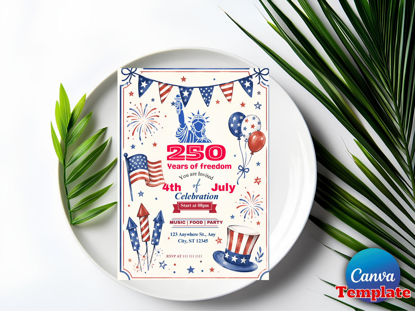 America 250th Anniversary Invitation Template, 4th of July Party Invitation, USA Patriotic Red White Blue BBQ Invite Editable Canva Invite