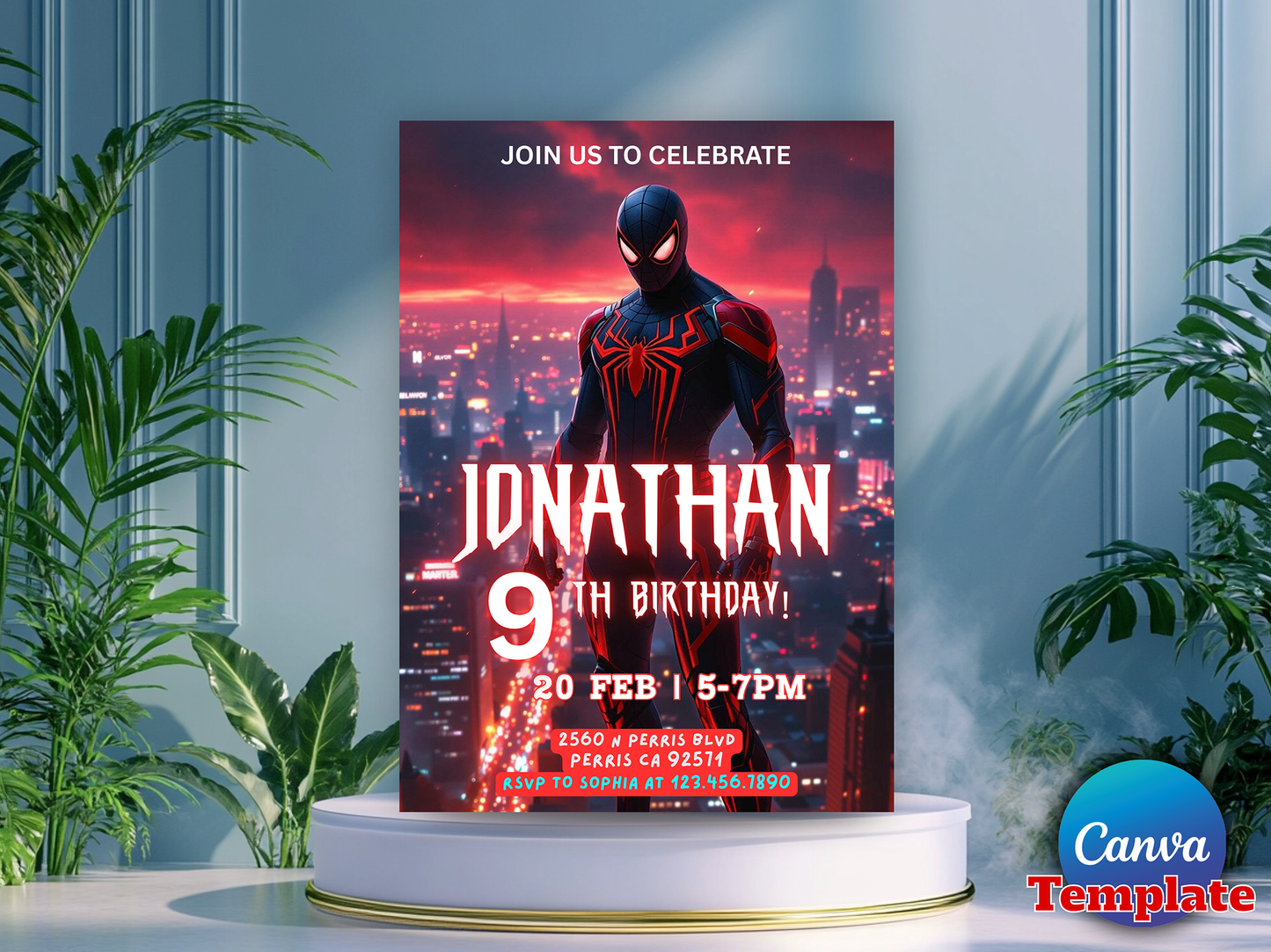 Editable Miles Morales Spider-Man 9th Birthday Invitation Canva Template