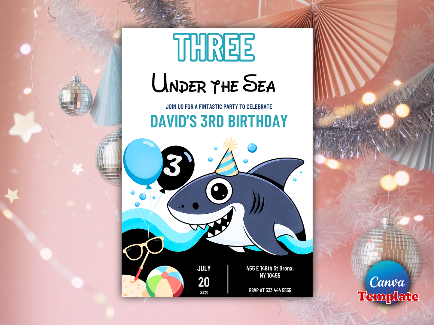 Editable Shark Three Under The Sea 3rd Birthday Party Invitation