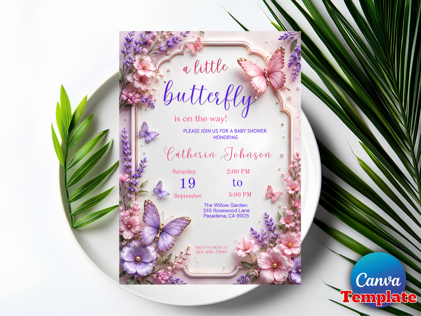 Editable Butterfly Baby Shower Invitation, Baby Shower Invite, Butterfly Invitation, Canva Template, Instant Download