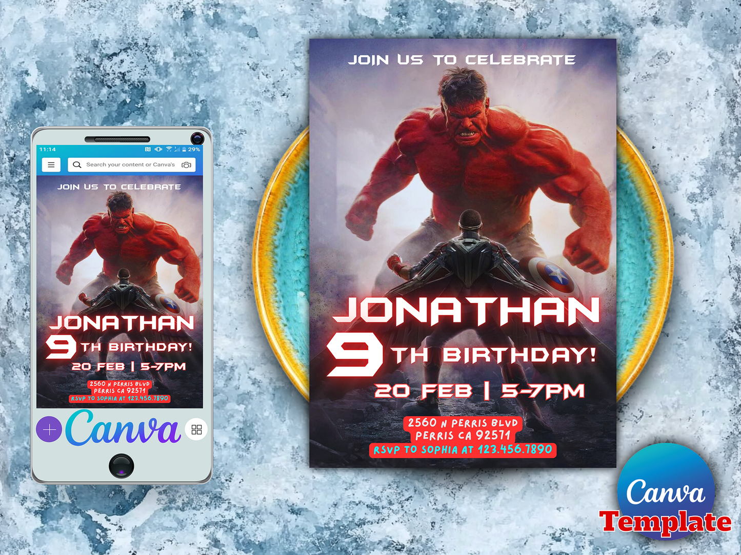Red Hulk and Captain America Themed 9th Birthday Invitation Canva Template