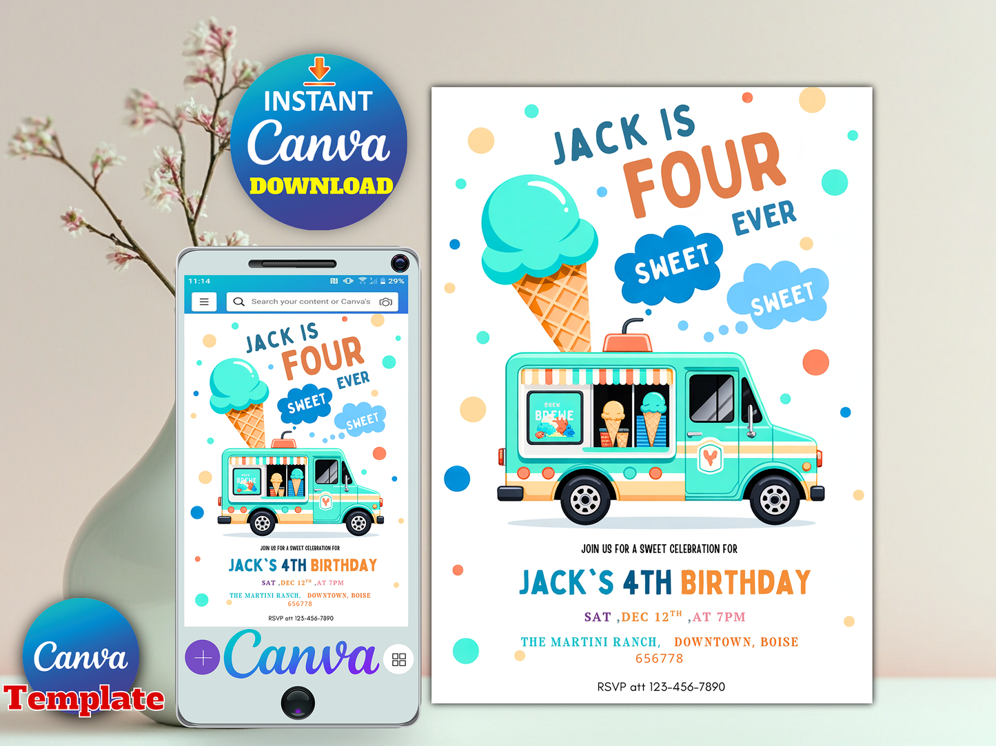Editable Ice Cream Truck Birthday Party Invitation