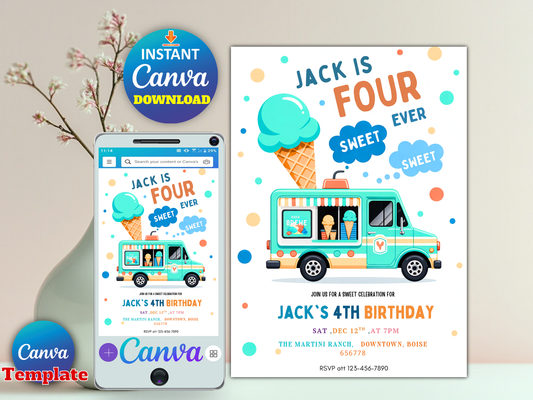 Editable Ice Cream Truck Birthday Party Invitation