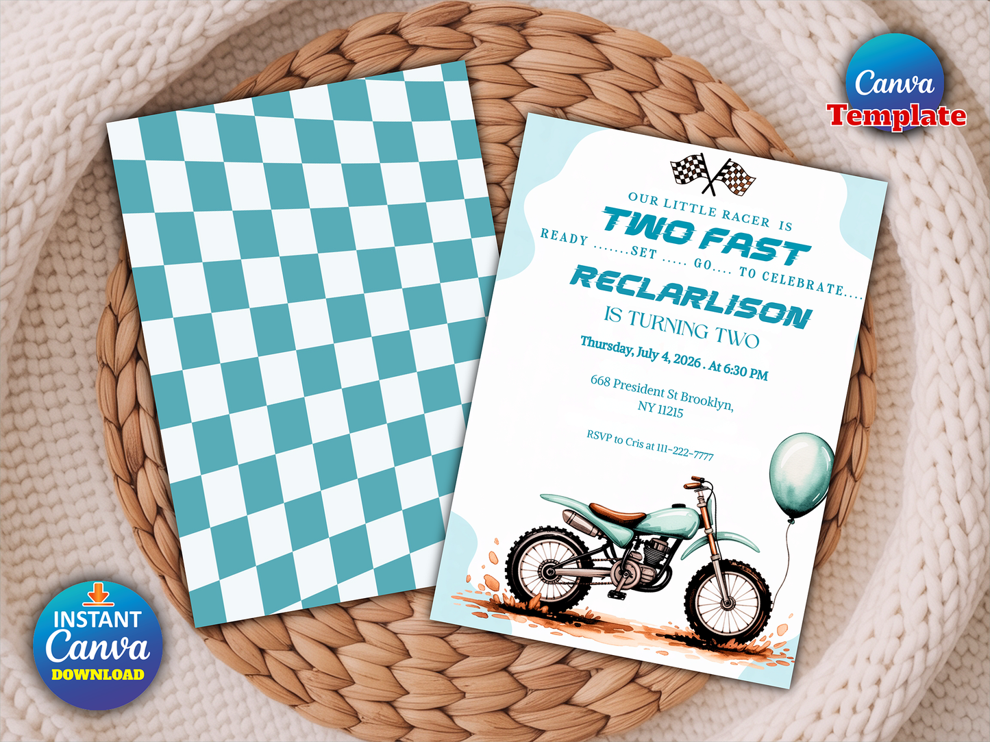 A Canva digital template preview for a kids' birthday invitation, showing the front and back of the card laid on a woven wicker tray. The back features a teal and white checkerboard pattern, and the front has a light blue and white design with a dirt bike illustration and text for a two-year-old boy named Reclarlson.