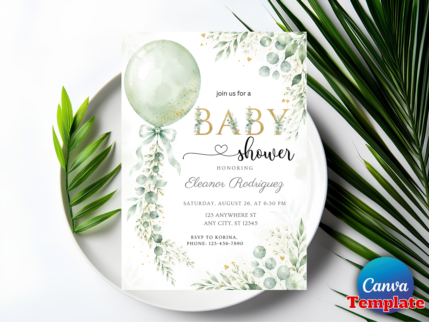Greenery Baby Shower Invitation Editable Template, Sage Green Balloon Eucalyptus Invite, Gold Glitter Baby Shower, Canva Template