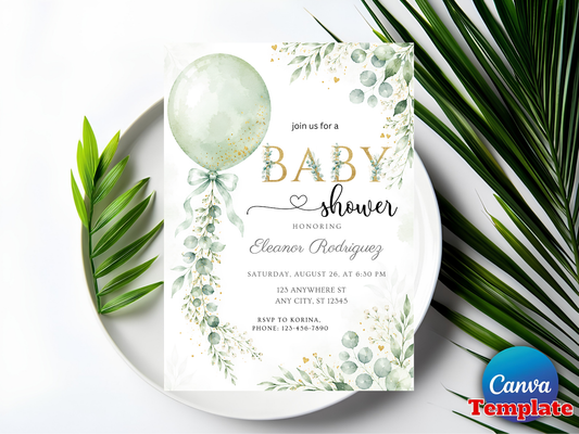 Greenery Baby Shower Invitation Editable Template, Sage Green Balloon Eucalyptus Invite, Gold Glitter Baby Shower, Canva Template