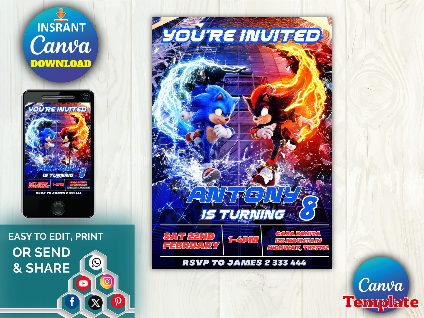 Editable Sonic and Shadow Birthday Invitation Template – Sonic 8th Birthday Party Invite