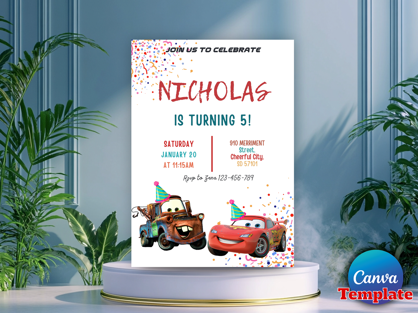 Disney Cars Theme 5th Birthday Invitation Canva Template Printable