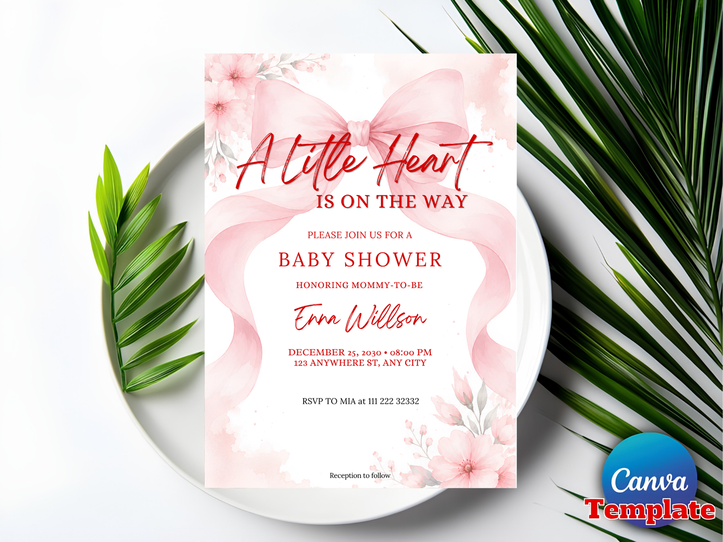 Pink Bow Baby Shower Invitation Template 5x7 | Baby Girl Shower Canva Invite Coquette Bow Baby Shower | Editable Text Only Instant Download