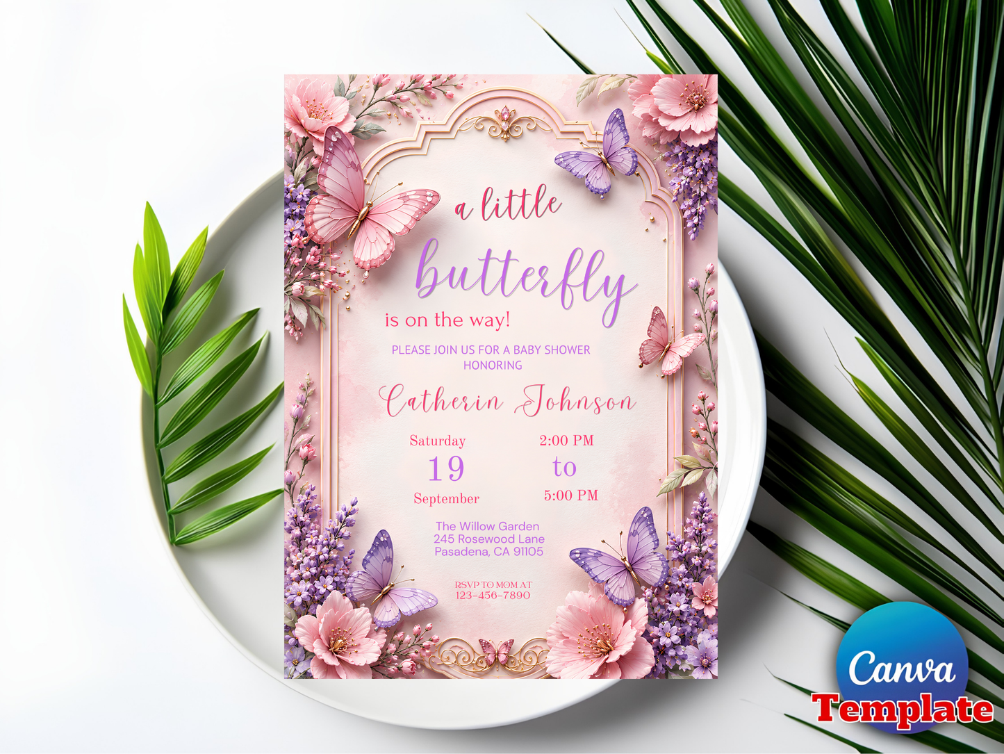 Butterfly Baby Shower Invitation Editable Template, Pink Purple Floral Butterfly Invite, Girl Baby Shower, Canva Template