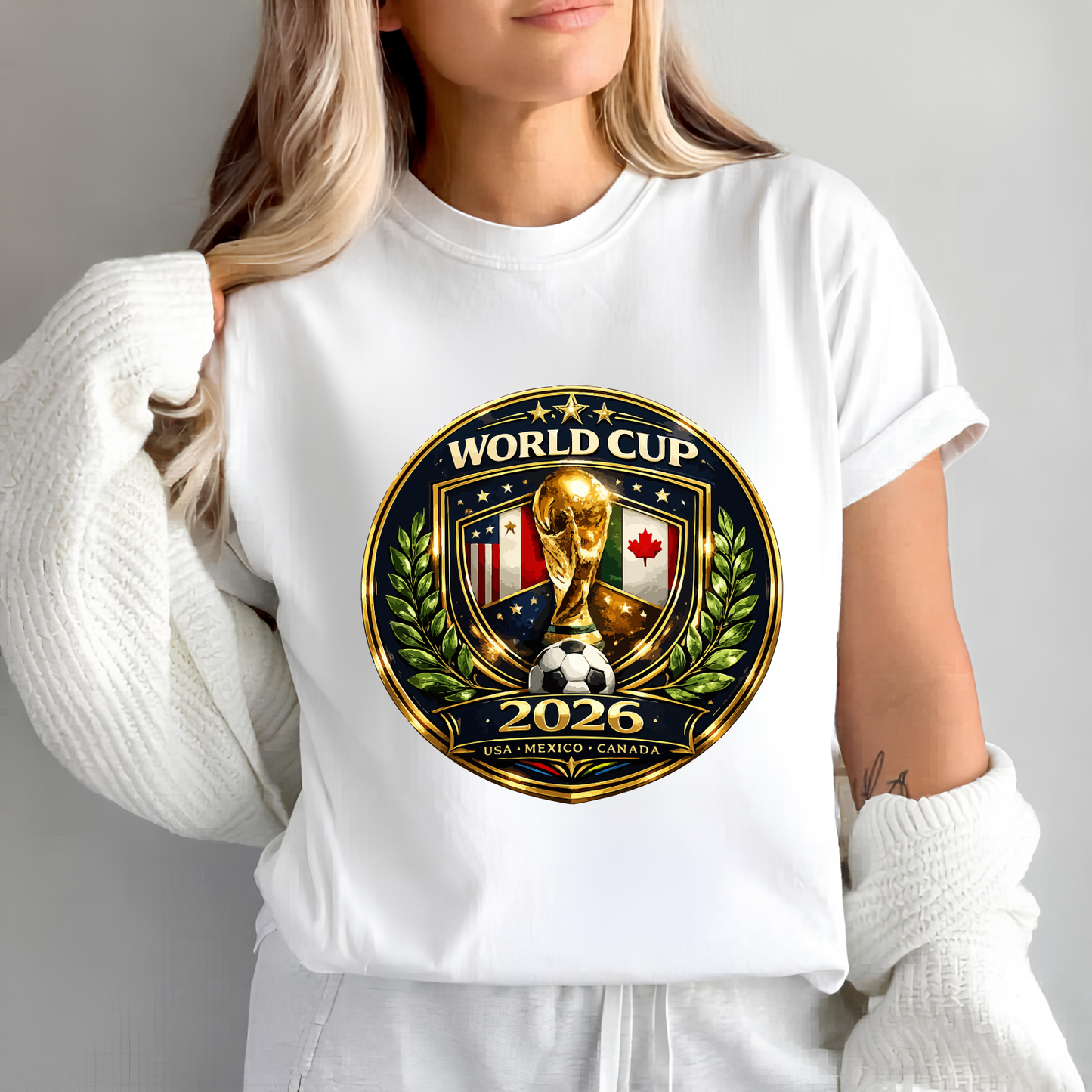 Official World Cup 2026 USA-Mexico-Canada Golden Emblem Premium Cotton T-Shirt (physical)