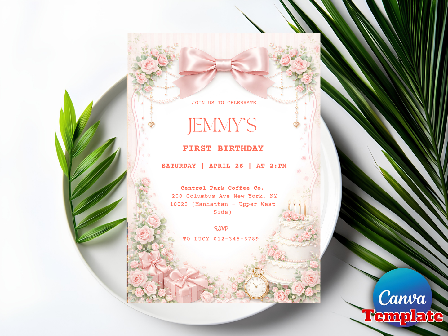 Editable Elegant Pink Rose 1st Birthday Invitation Template | Coquette Pink Bow Party Invite (Degital Template)
