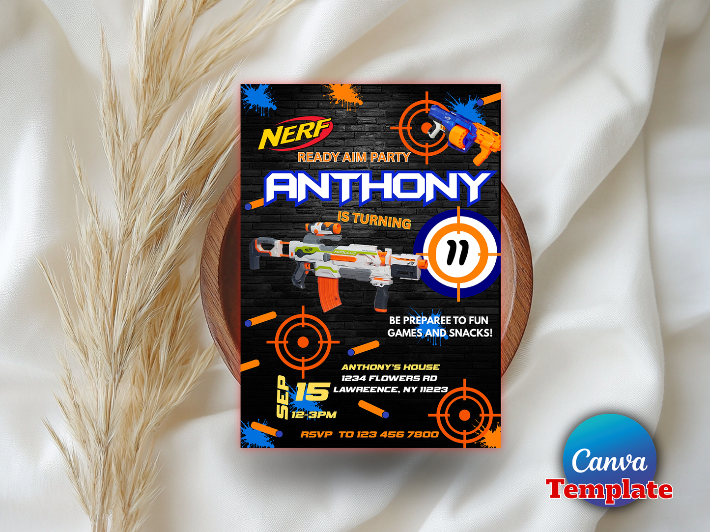 Nerf Gun Theme Birthday Invitation Template - Editable Canva Digital Download