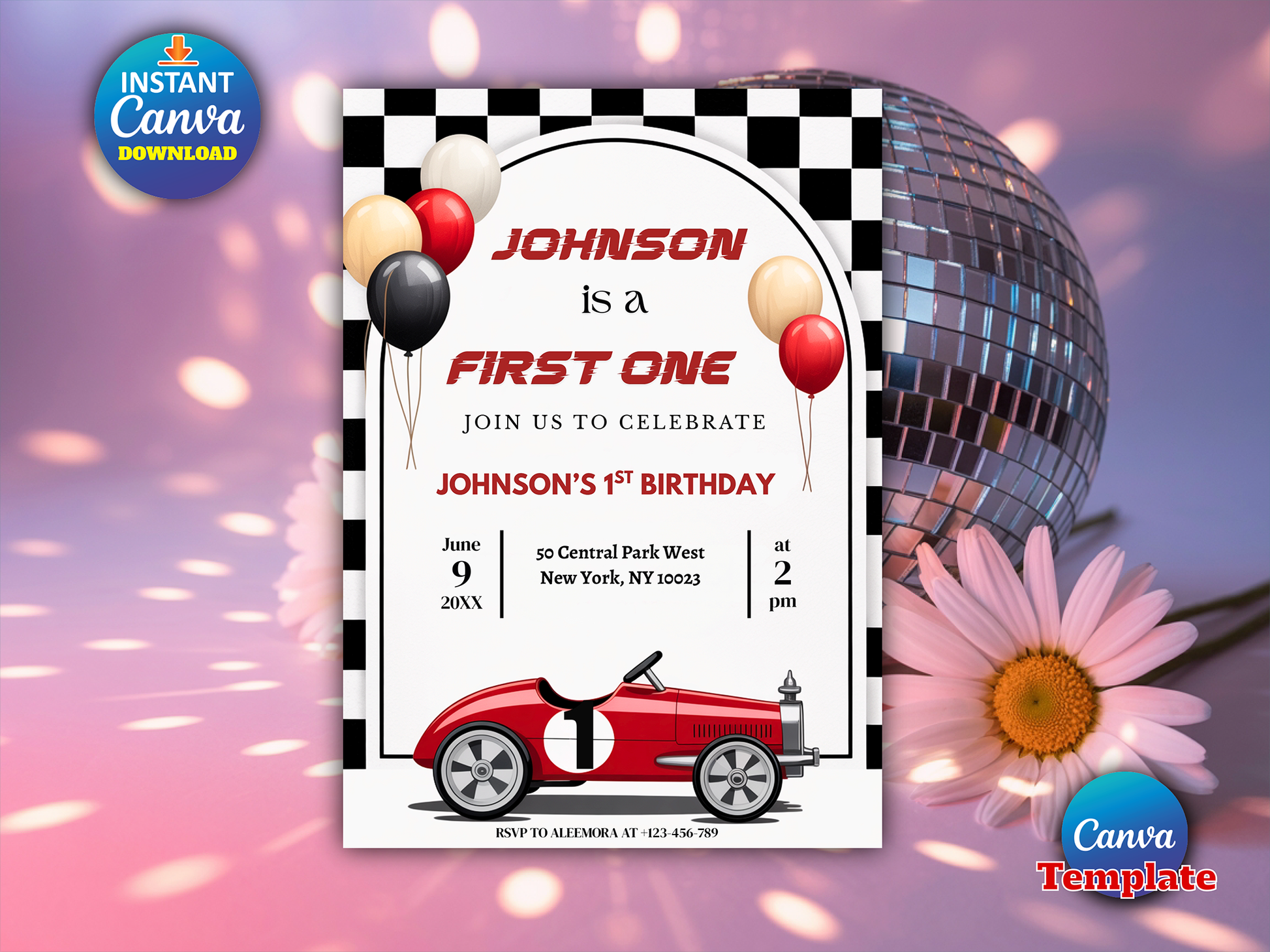 A digital preview of a customizable first birthday invitation template, featuring a black and white checkered border, red and white balloons, a red race car, and event details. The card is displayed against a pink and purple bokeh background with a disco ball and a pink flower, along with Canva promotional badges.