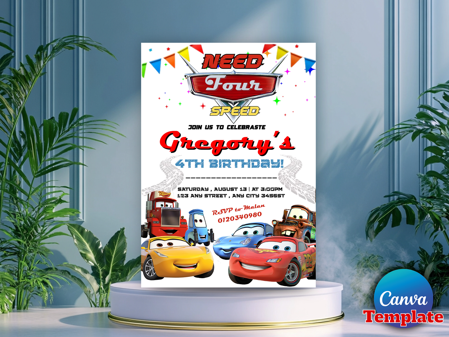 Need for Speed Cars Theme 4th Birthday Invitation Canva Template Printable