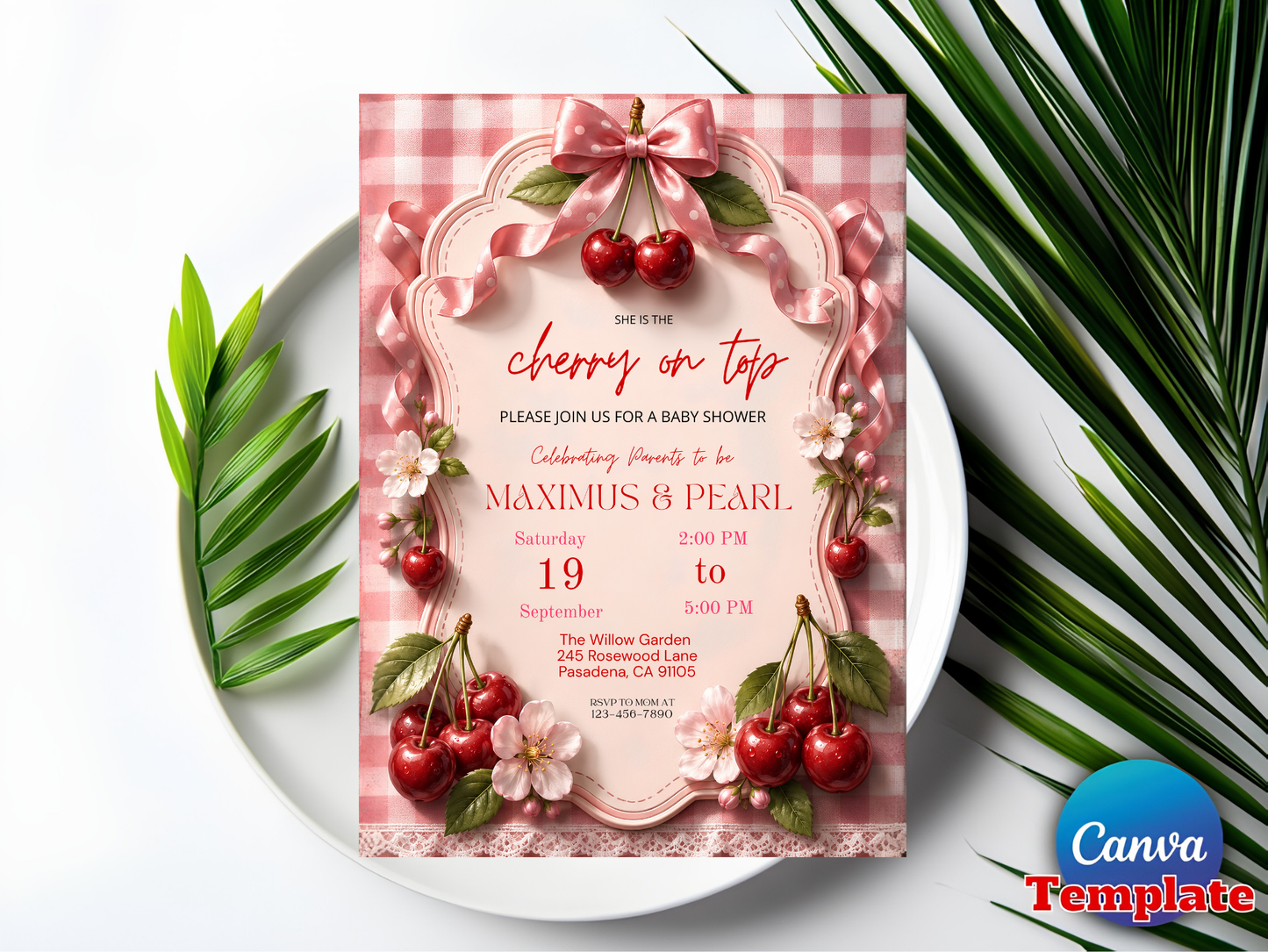 Editable She Is The Cherry On Top Baby Shower Invite | | Pink Gingham + Bow Canva Template (Digital Download)