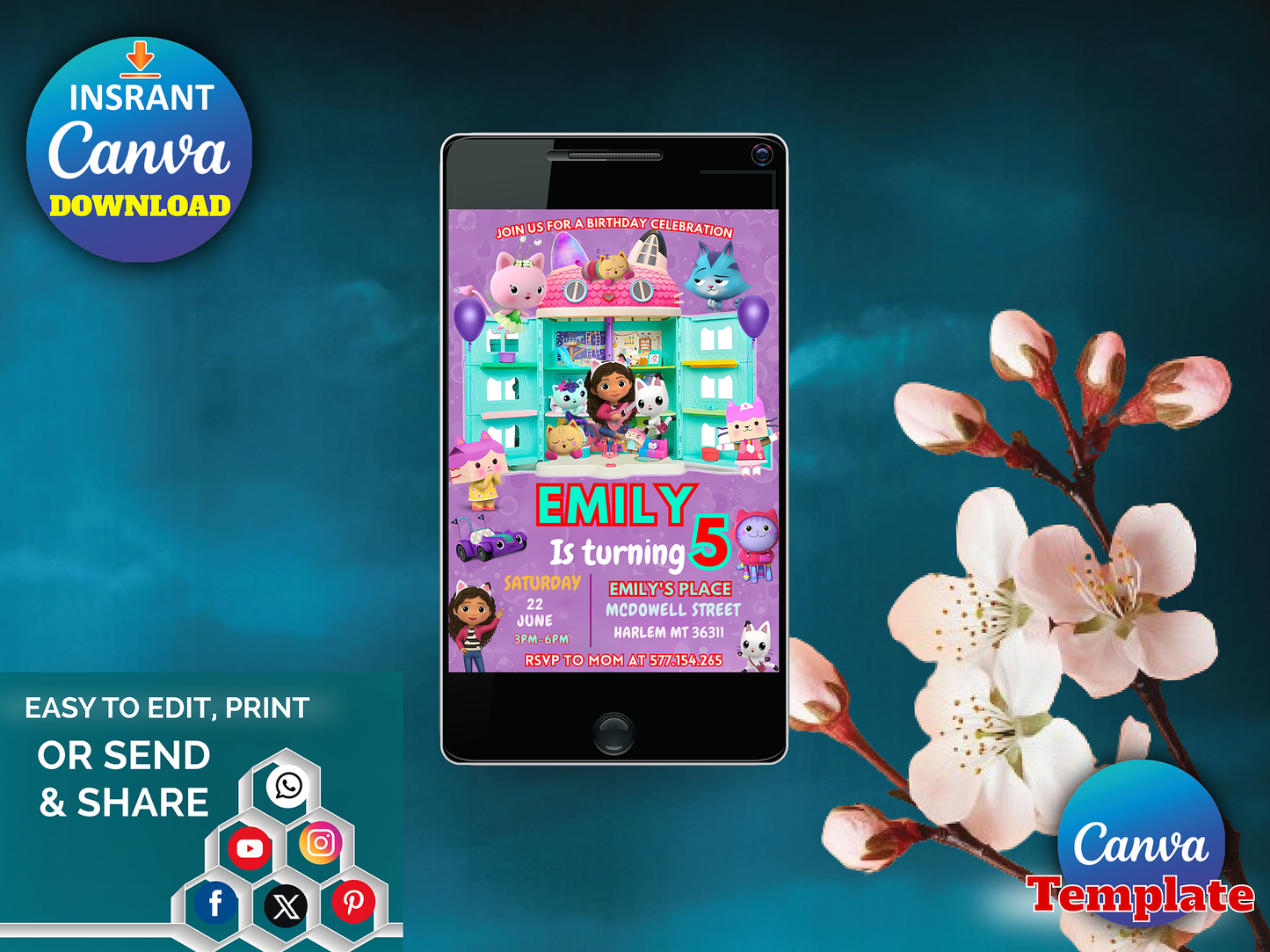 Gabby's Dollhouse Theme 5th Birthday Invitation Canva Template Printable