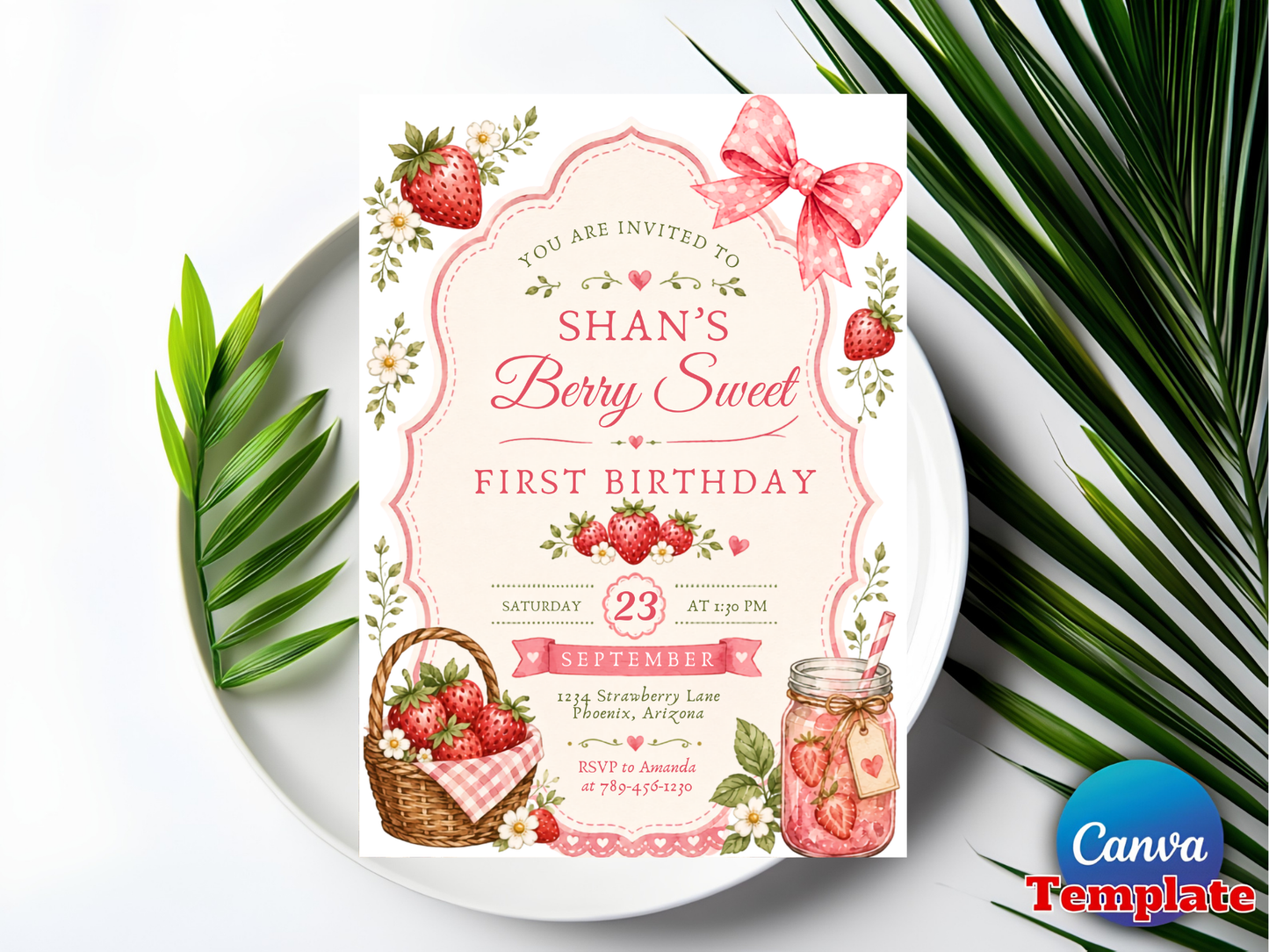 Berry Sweet First Birthday Invitation Template, Strawberry Editable Invite, Girl 1st Birthday Canva Template, Instant Download