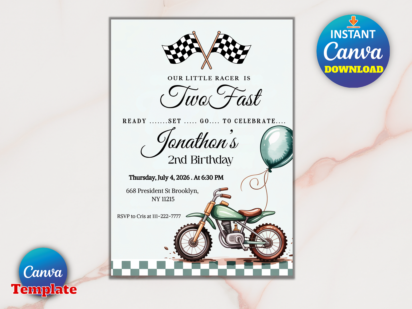 Editable Two Fast Dirt Bike Birthday Party Invitation