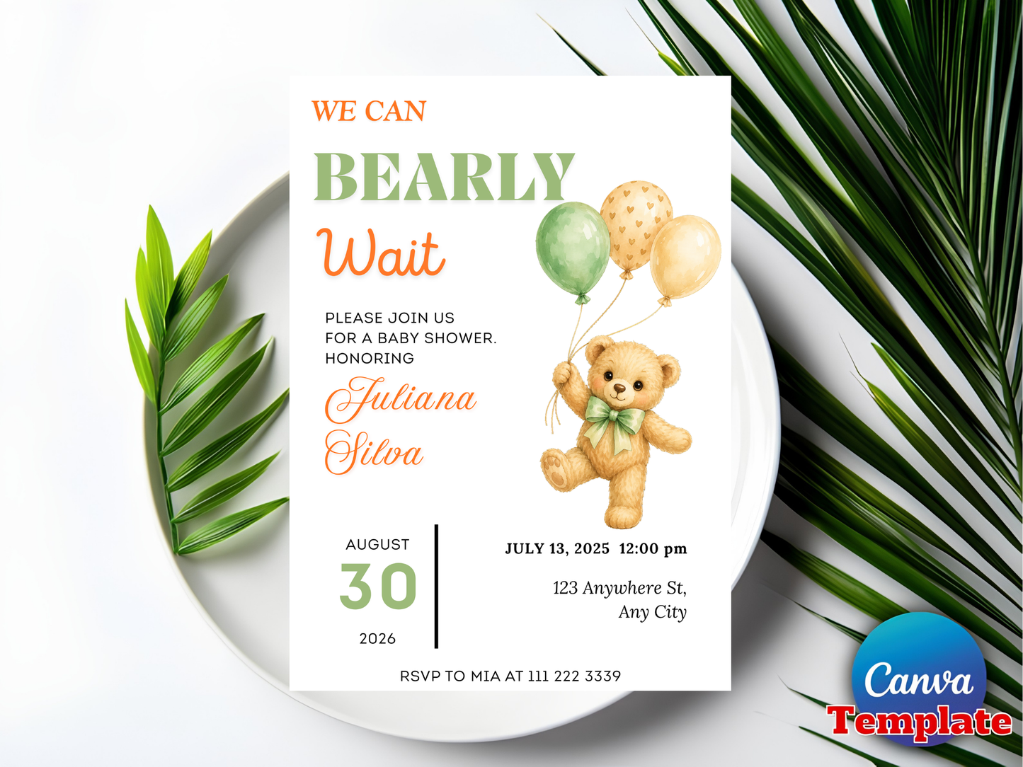 We Can Bearly Wait Baby Shower Invitation | Watercolor Teddy Bear, Sage Balloons | Digital Download | Prints