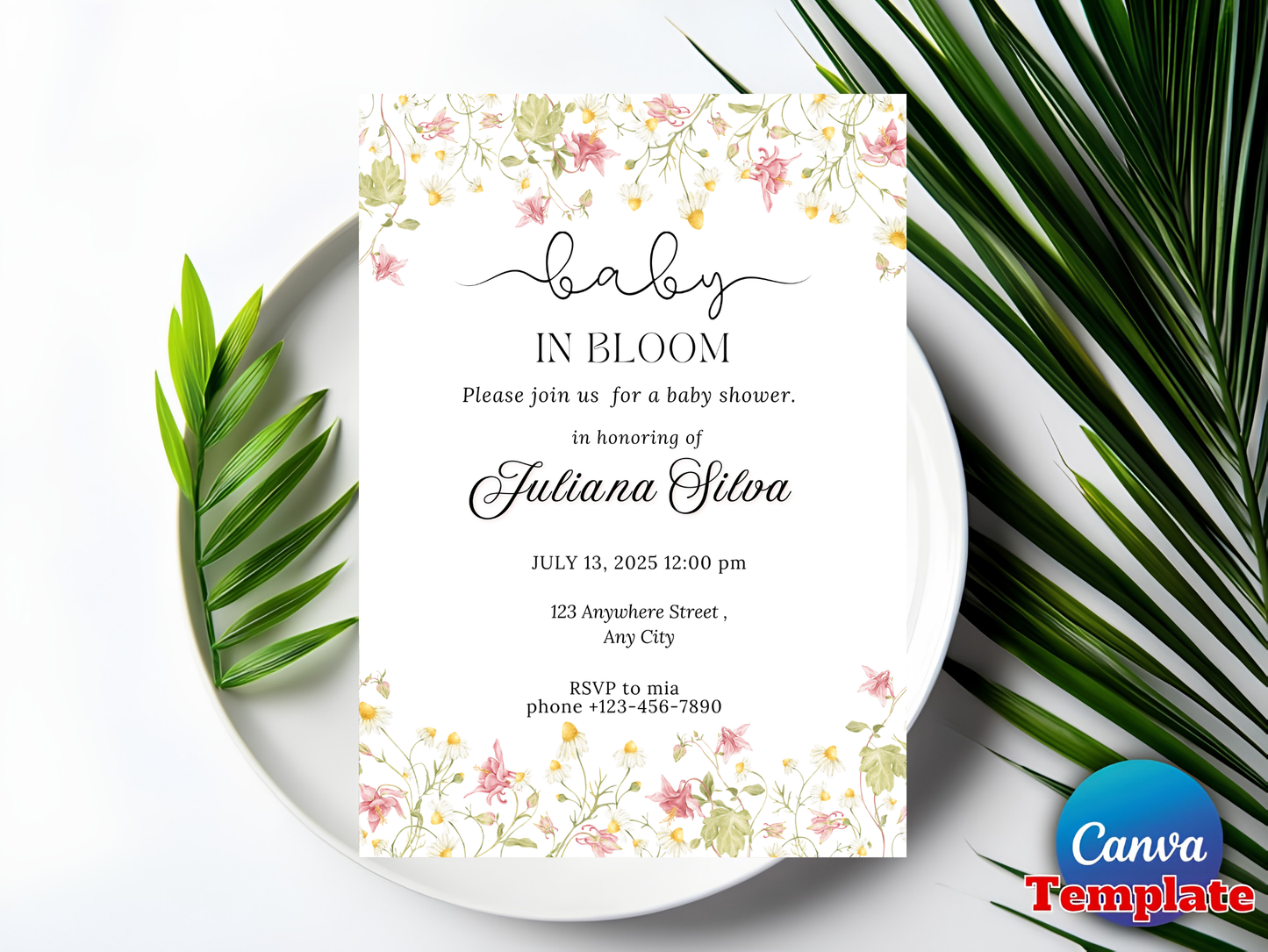 Editable Baby in Bloom Baby Shower Invitation, Wildflower Baby Shower Invite, Pink Spring Flowers Baby Shower Invitation, Canva Template