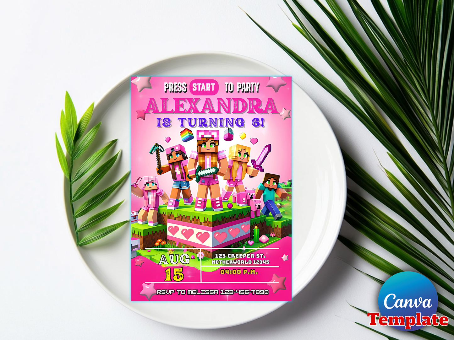 Pink Minecraft Girls Birthday Invitation Template - Editable Canva Digital Download