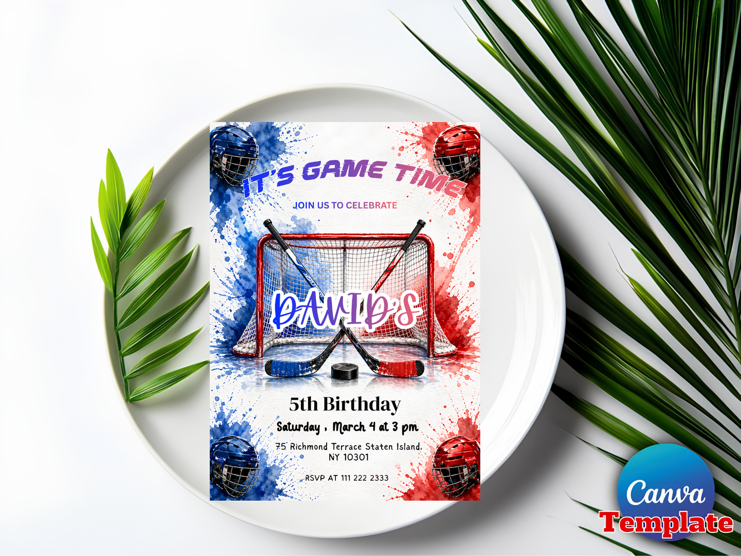 Hockey Birthday Invitation, Ice Hockey Party Invite, Printable Sports Theme, Editable Digital Download, Canva Template