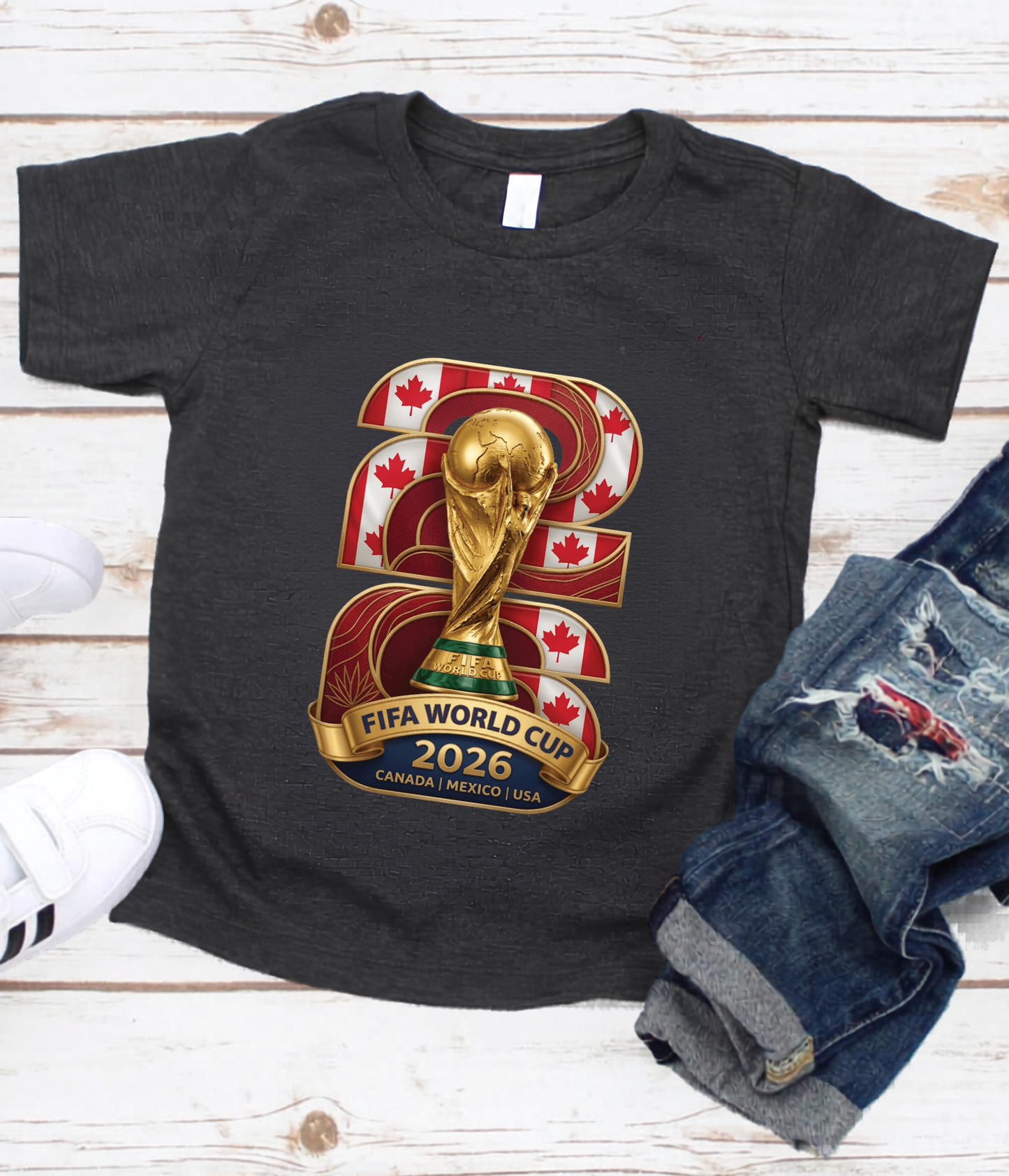 FIFA World Cup 2026 Gold Trophy Canada Emblem White T-Shirt (physical)