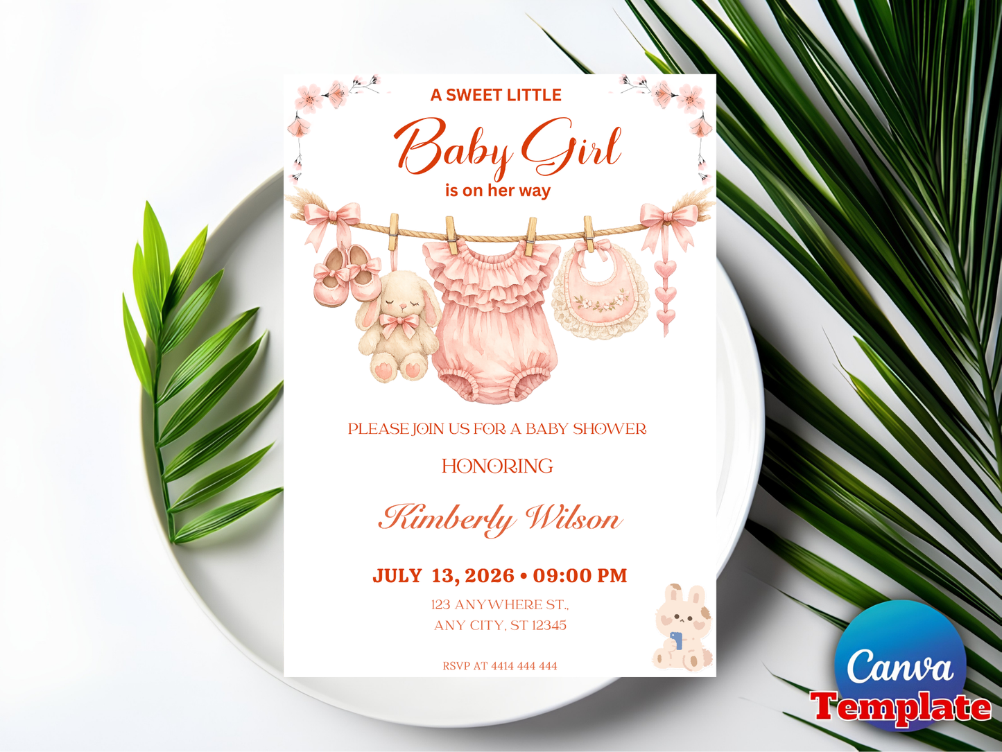 Pink Baby Clothes Sweet Baby Girl Invitation, Pink Floral Clothesline Invite, A Sweet Baby Girl is on Her Way Baby Shower, Editable Canva
