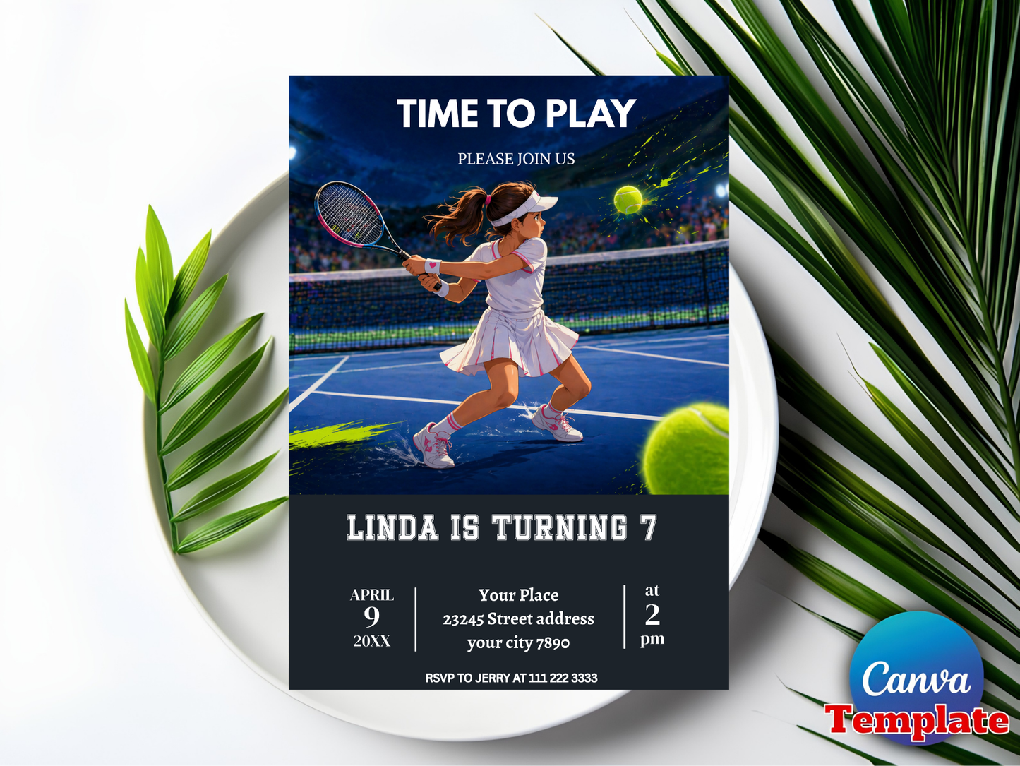 Tennis Birthday Invitation: Pink Preppy Girls Sports Party Reveal Editable Canva Template (Digital Download Design)