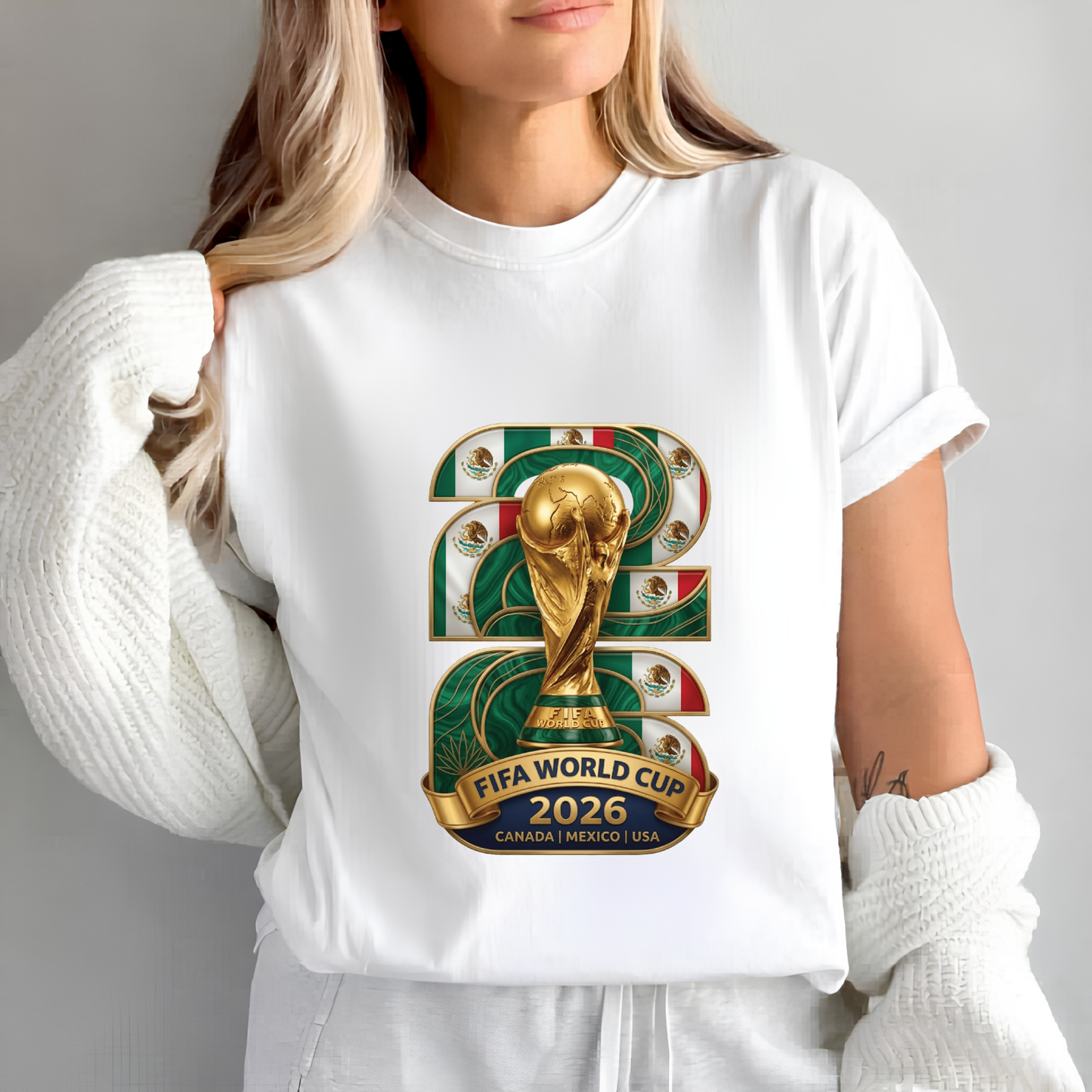 FIFA World Cup 2026 Gold Trophy Mexico Emblem White T-Shirt (physical)