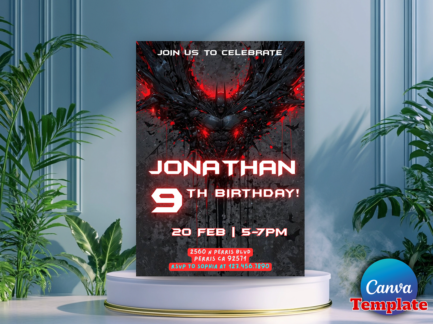 Dark Knight Batman Themed 9th Birthday Invitation Canva Template