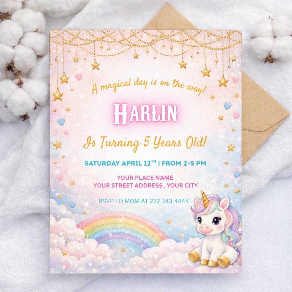 Pastel, Rainbow Unicorn Sparkles and Gold Invitation