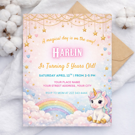 Pastel, Rainbow Unicorn Sparkles and Gold Invitation
