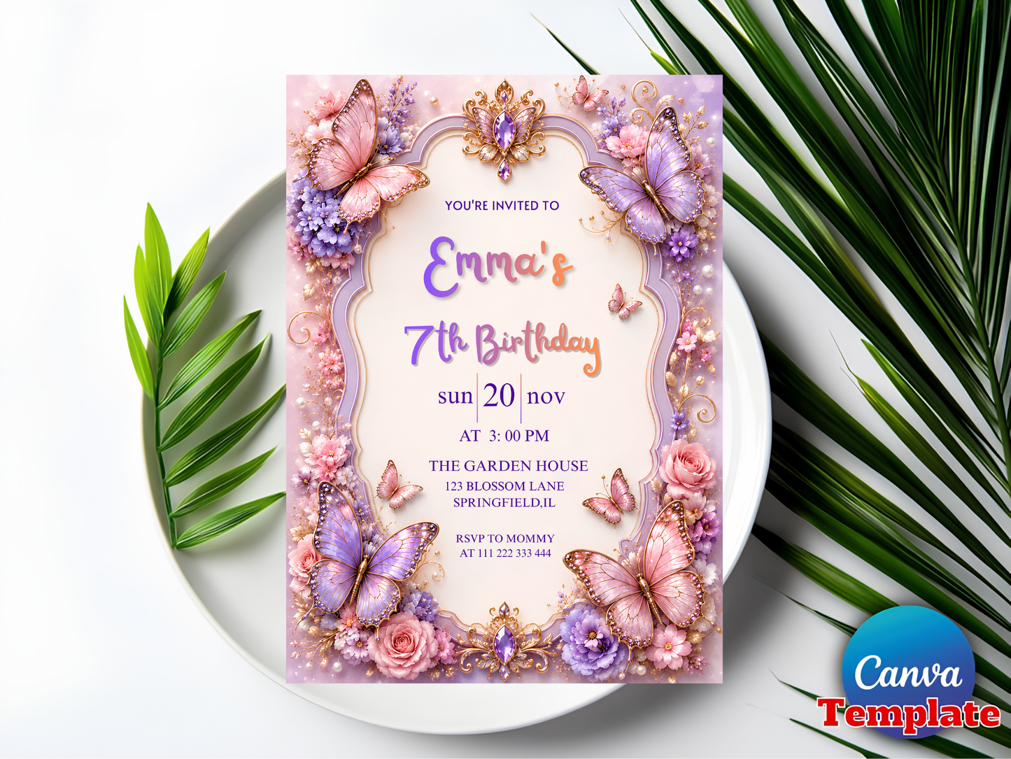 Butterfly Birthday Invitation Template, Floral Editable Invite, Girl Birthday Party Canva Template, Purple Pink, Instant Download