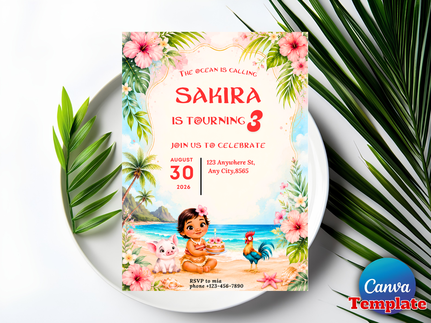 The Ocean Is Calling Birthday Invitation Girl, Polynesian Princess Beach Invite, Luau Birthday Canva Template Digital Download