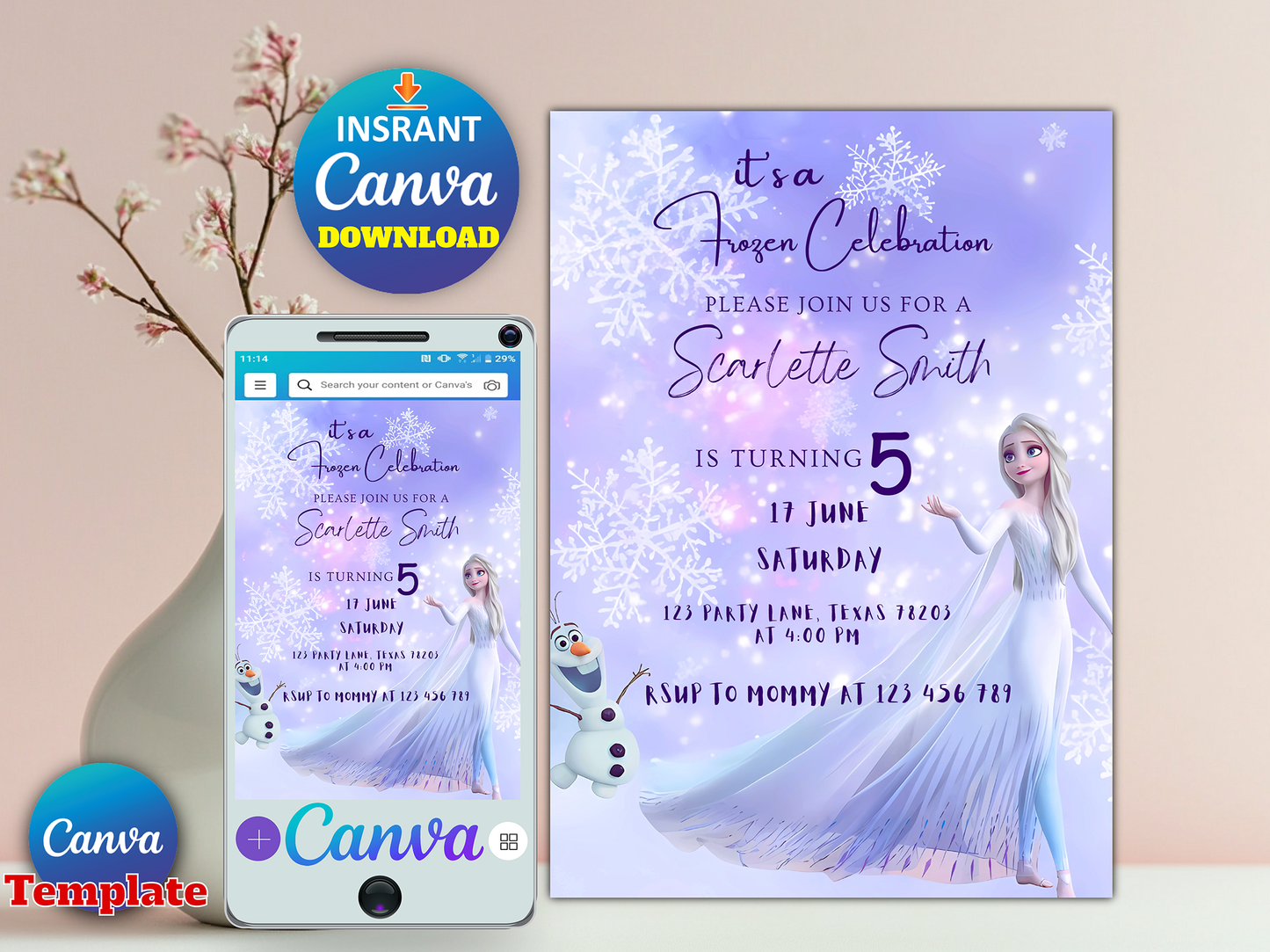 Frozen Princess Birthday Invitation Canva Template – Editable & Printable