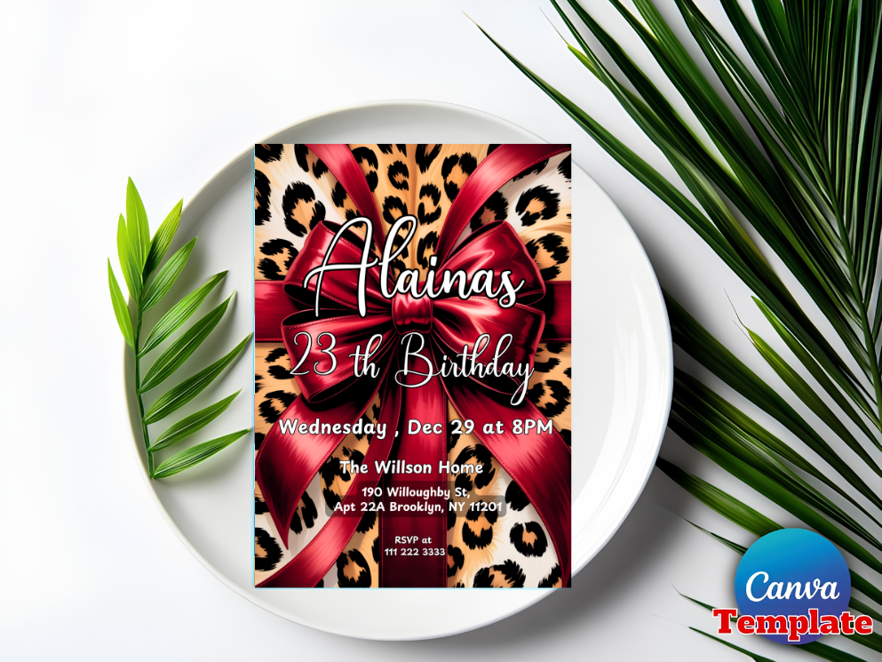 Cheetah Birthday Invitation, Red Bow Coquette Party