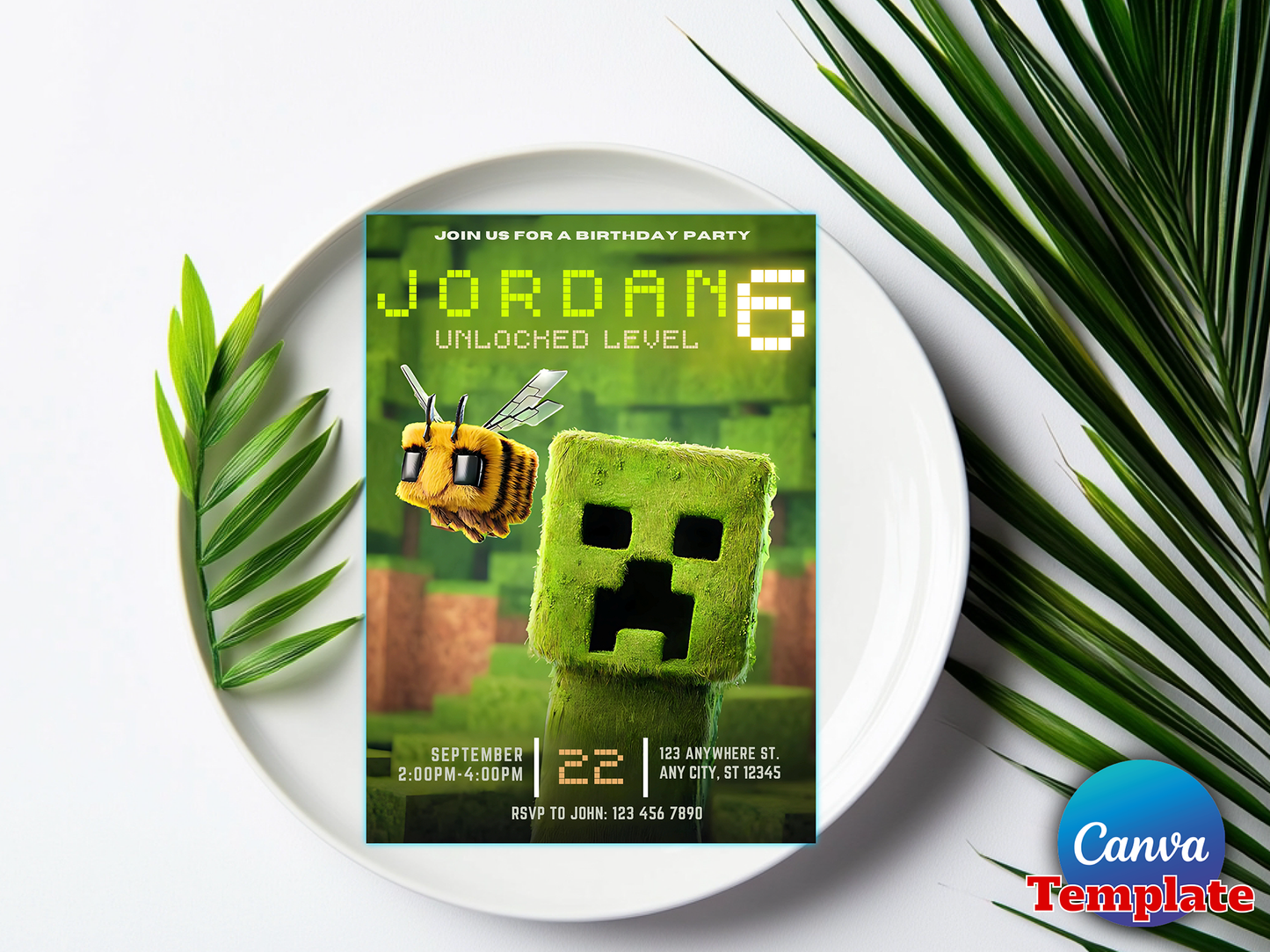 Minecraft Creeper Unlocked Level 6 Theme Birthday Invitation Canva Template