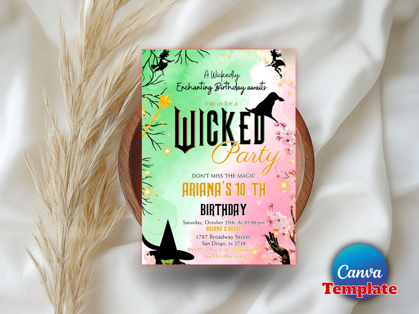 Wicked 10th Birthday Invitation Template – Enchanting Witch Theme Party Invite Editable