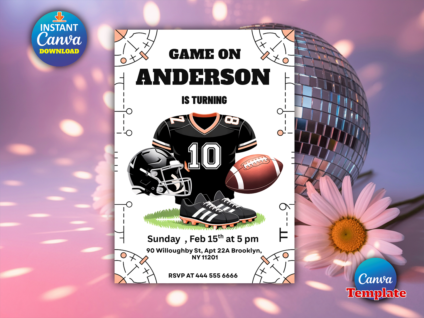 Football Birthday Invitation, Printable American Football Birthday Party Invite, Sports Invitation Template