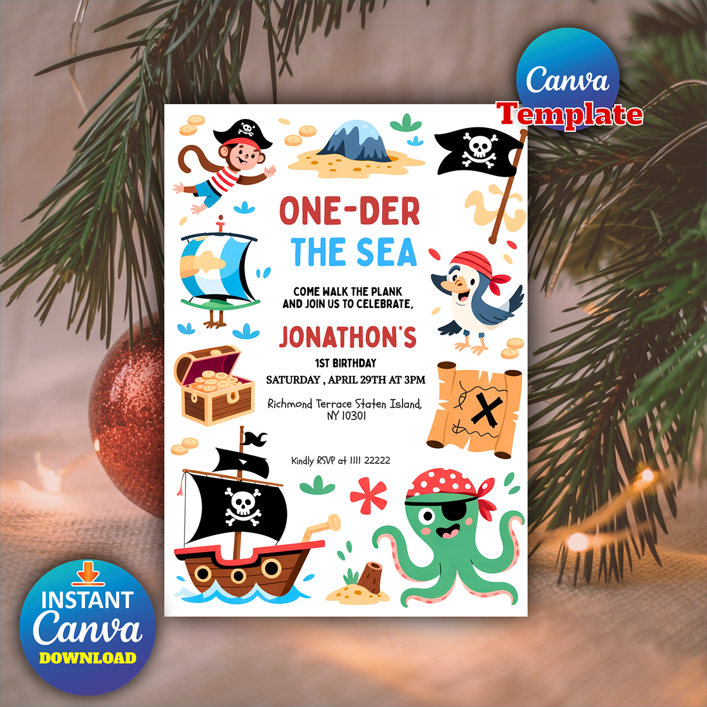 Editable One-der The Sea Pirate 1st Birthday Party Invitation