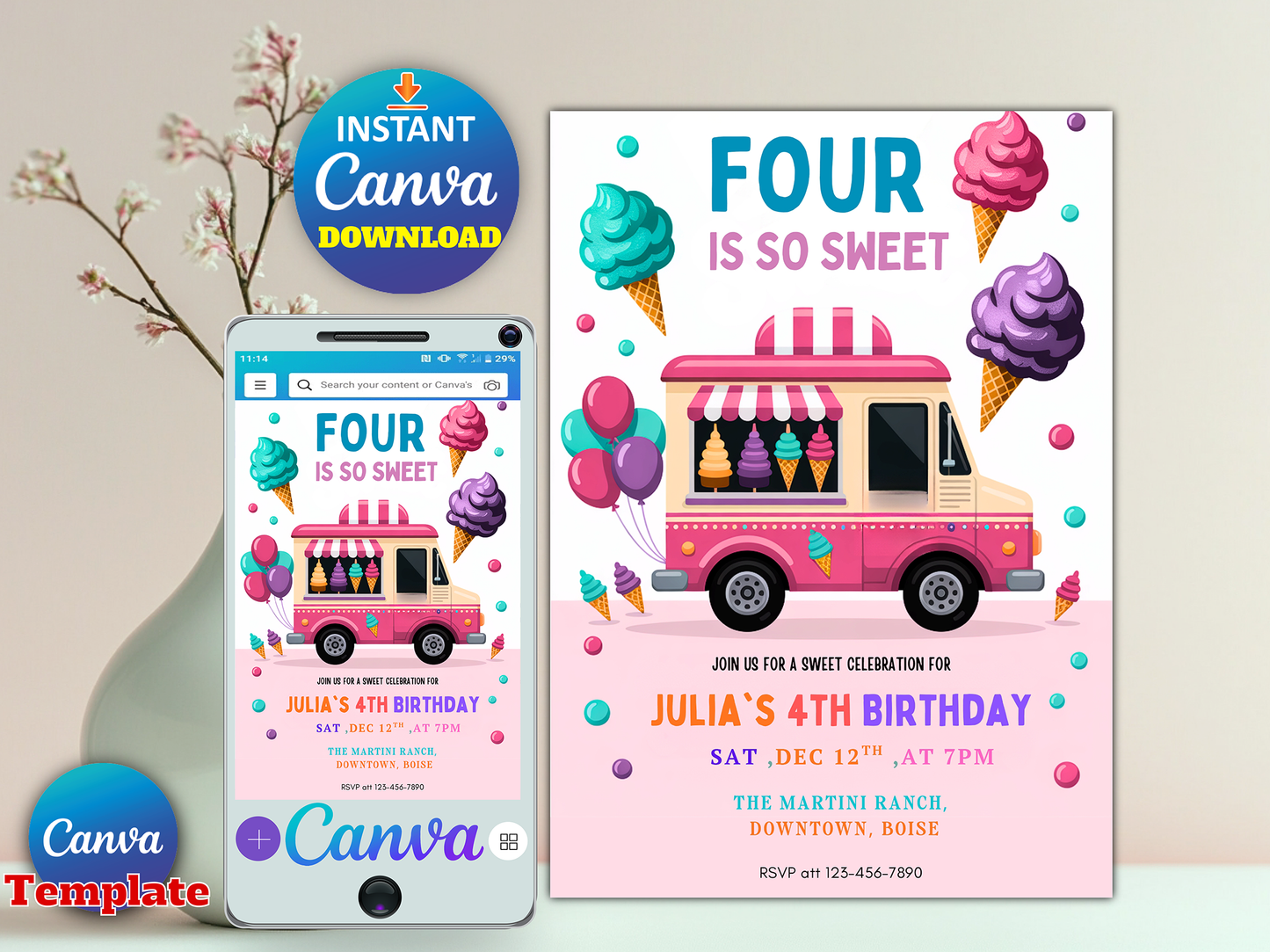 Editable Ice Cream Truck Birthday Invitation