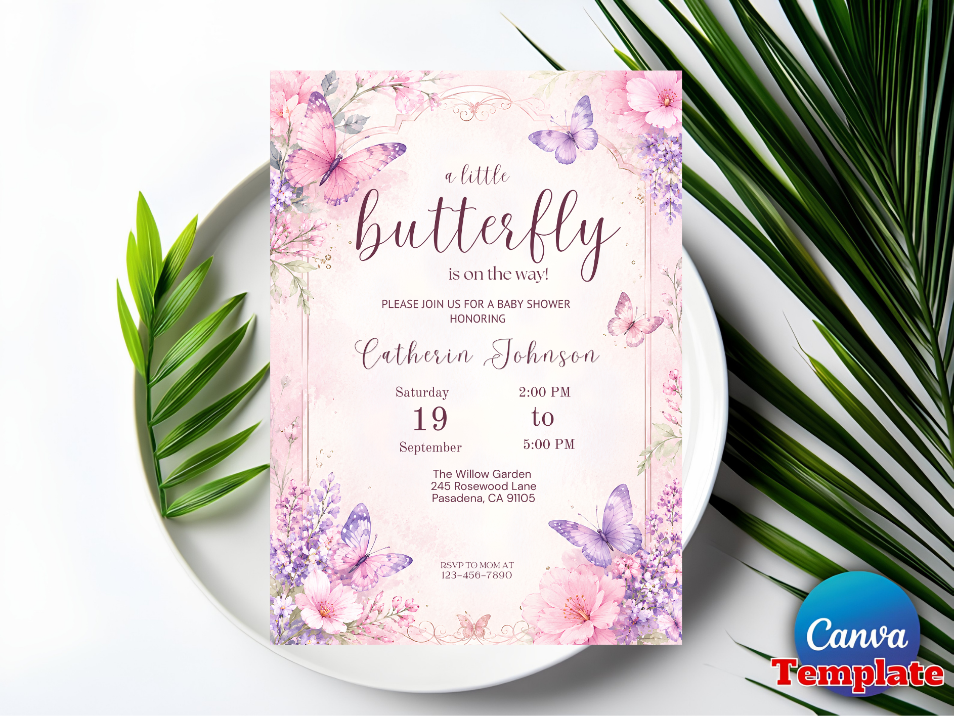 Butterfly baby shower invitation pink floral editable Canva template
