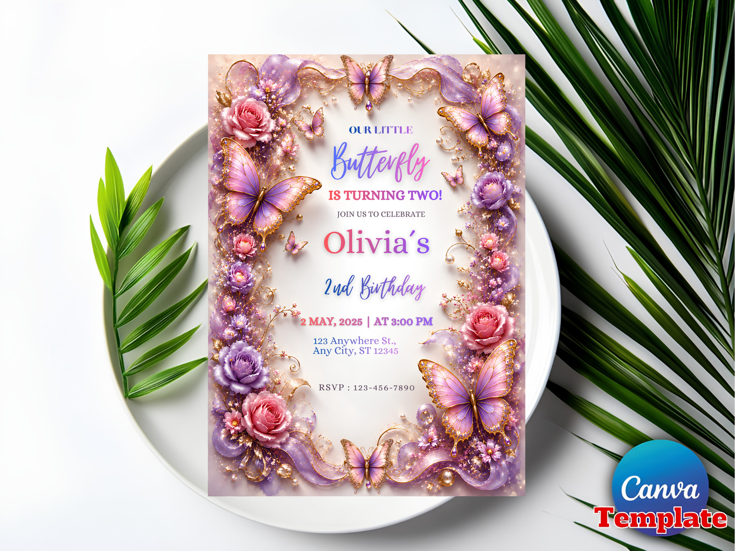 Butterfly Birthday Invitation Editable Template, Purple Pink Floral Girl Birthday Invite, Butterfly Theme, Canva Template